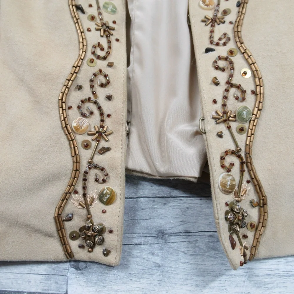 COLE HAAN Tan Suede Beaded Cropped Jacket 3/4 Sleeve Women’s Size Small